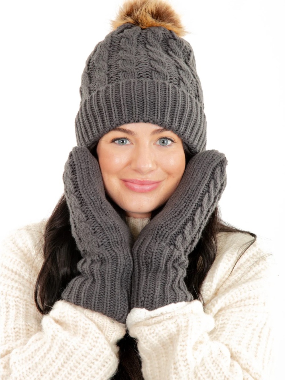 NEW - Just Cozy Cable Knit Pom Hat and Mittens Set - Gray